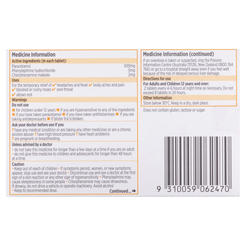 Buy Codral PE Nightime Cold and Flu Tablets 24 Online at Pharmacy Direct