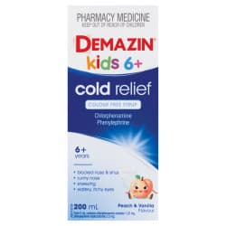Demazin Kids 6 Plus Cold Relief Colour Free Syrup 200ml Expiry date 07/26
