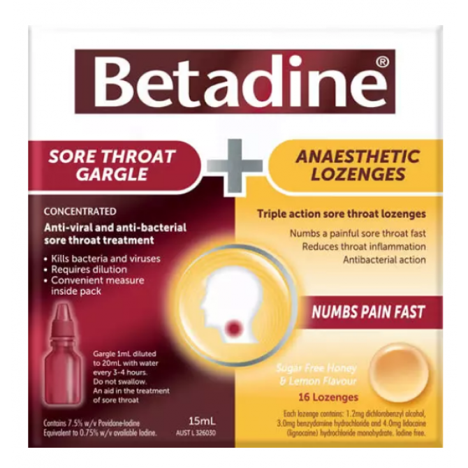 Betadine Sore Throat Gargle 15ml + Anaesthetic Lozenges 16 ...