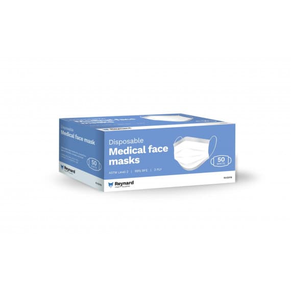 Reynard Medical 3ply Elastic Face Mask Box 50 TGA Approved ASTEM Level 2, 99 Percent BFE