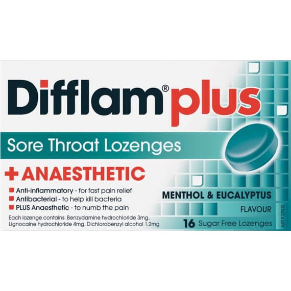 Difflam Plus Sore Throat Lozenges + Anaesthetic Menthol & Eucalyptus 16 Lozenges