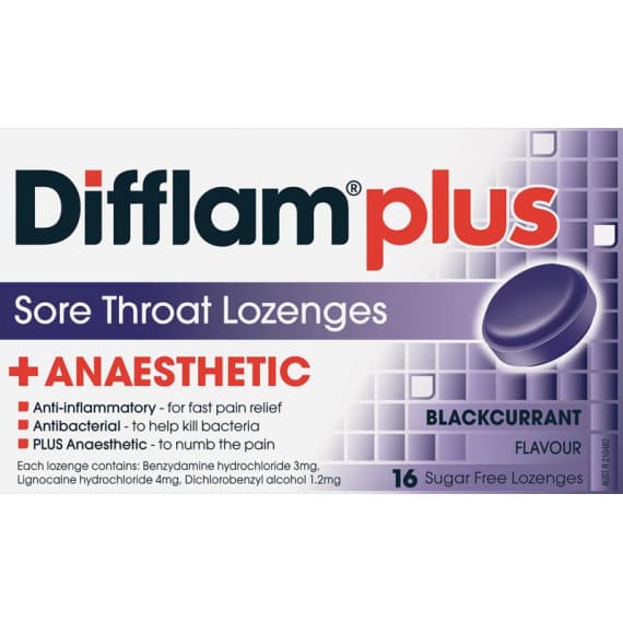 Difflam Plus Sore Throat Lozenges + Anaesthetic Blackcurrant 16 Lozenges