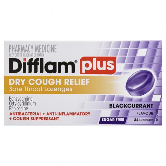 Difflam Plus Sore Throat + Cough Lozenges Blackcurrant 24 Lozenges