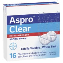 Aspro Clear Extra Strength Pain Relief Aspirin 16 Soluble Effervescent Tablets