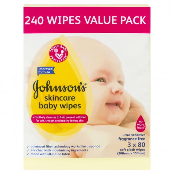 Johnsons Baby Skincare Wipes Fragrance Free 240 Wipes (3 x 80)
