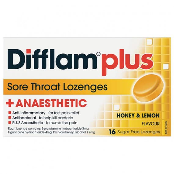 Difflam Plus Sore Throat Lozenges + Anaesthetic Honey & Lemon 16 Lozenges