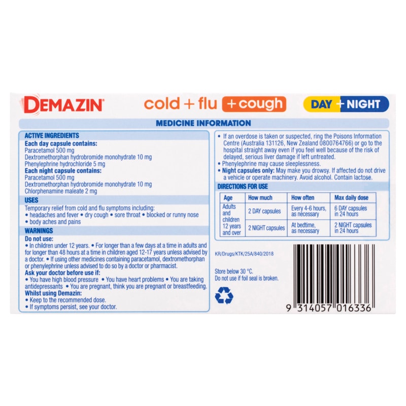 Buy Demazin Cold Plus Flu Plus Cough Day and Night Capsules 24 Online ...